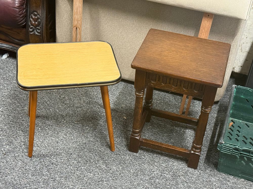 Lot 196: Two small occasional tables including mid-century and carved oak examples