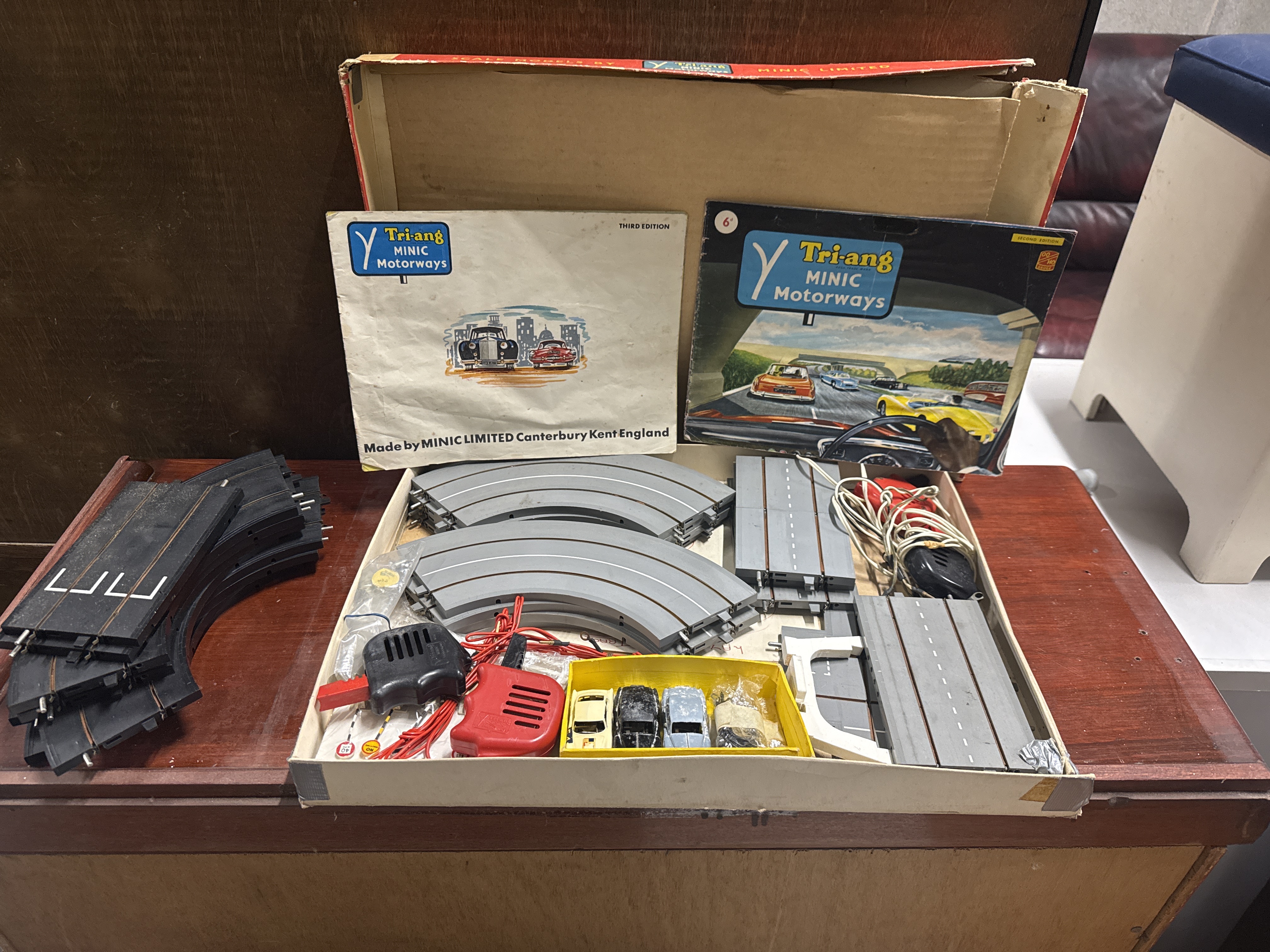 A vintage Tri-ang Minic Motorways electric slot car racing set
