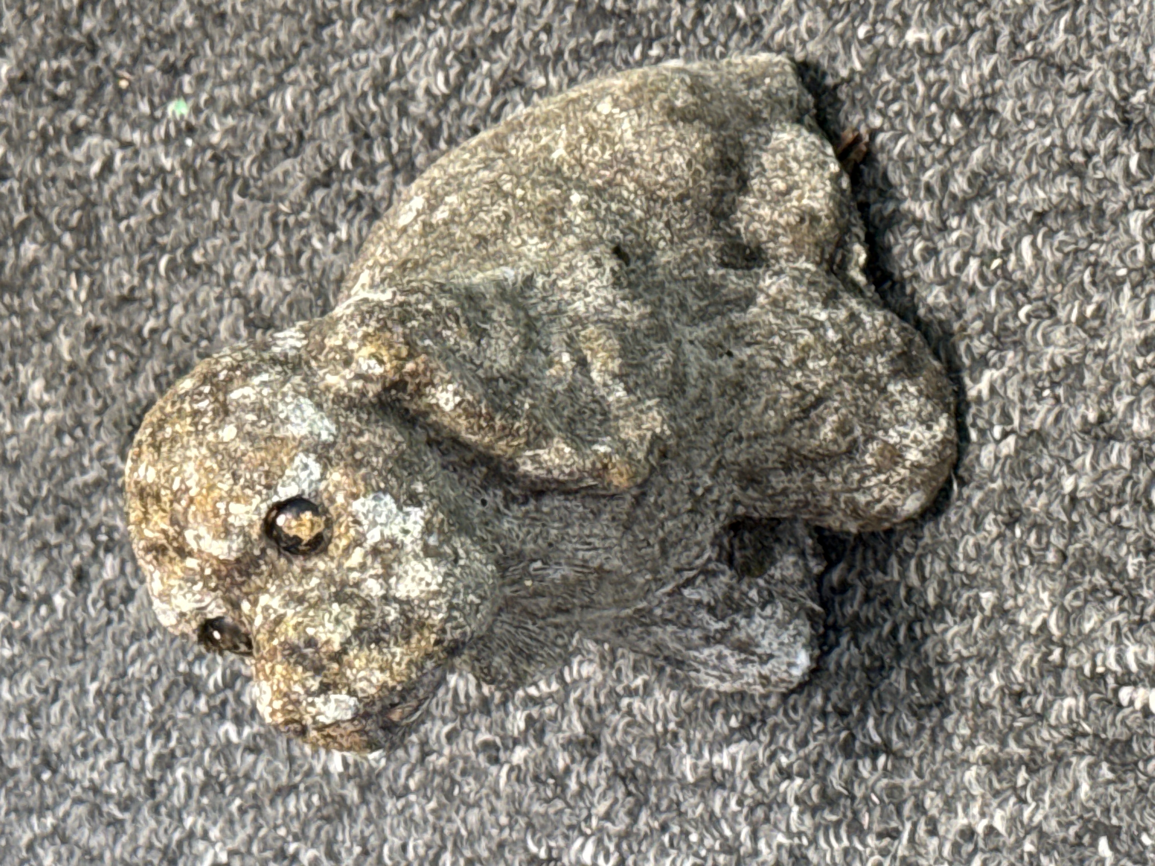 A weathered reconstituted stone garden ornament of a seated puppy