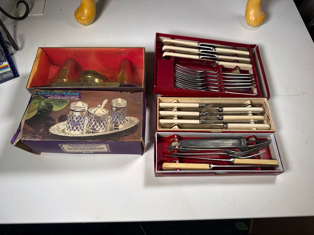 Lot 163: A collection of vintage silver plated condiment and cutlery sets