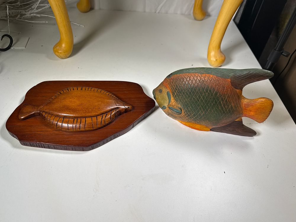 Lot 166: A hand-carved and painted vintage wooden fish sculpture and a ceramic one