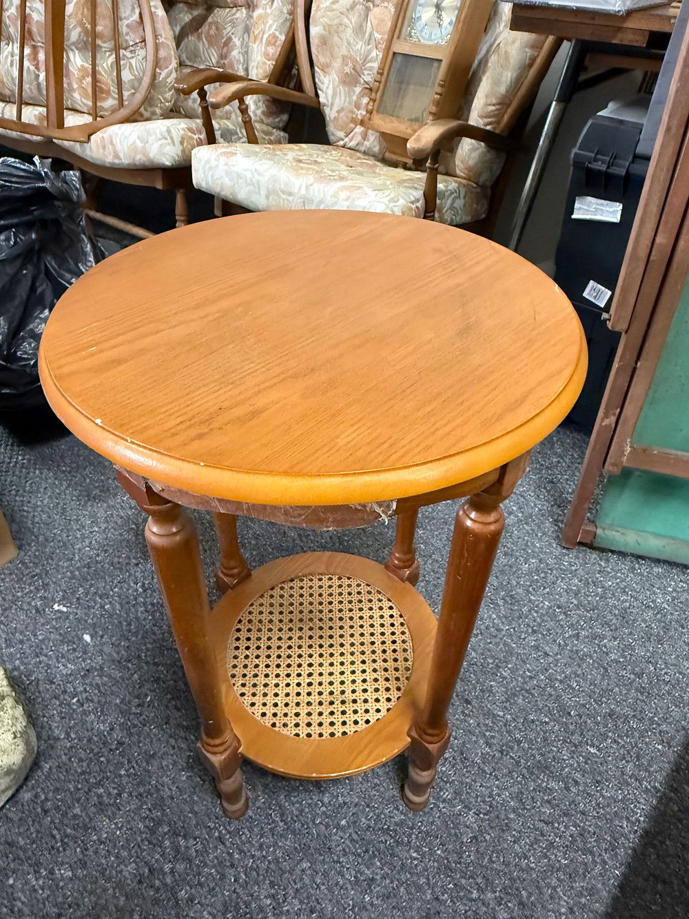 Lot 189: Round Wooden Side Table with Woven Cane Lower Shelf