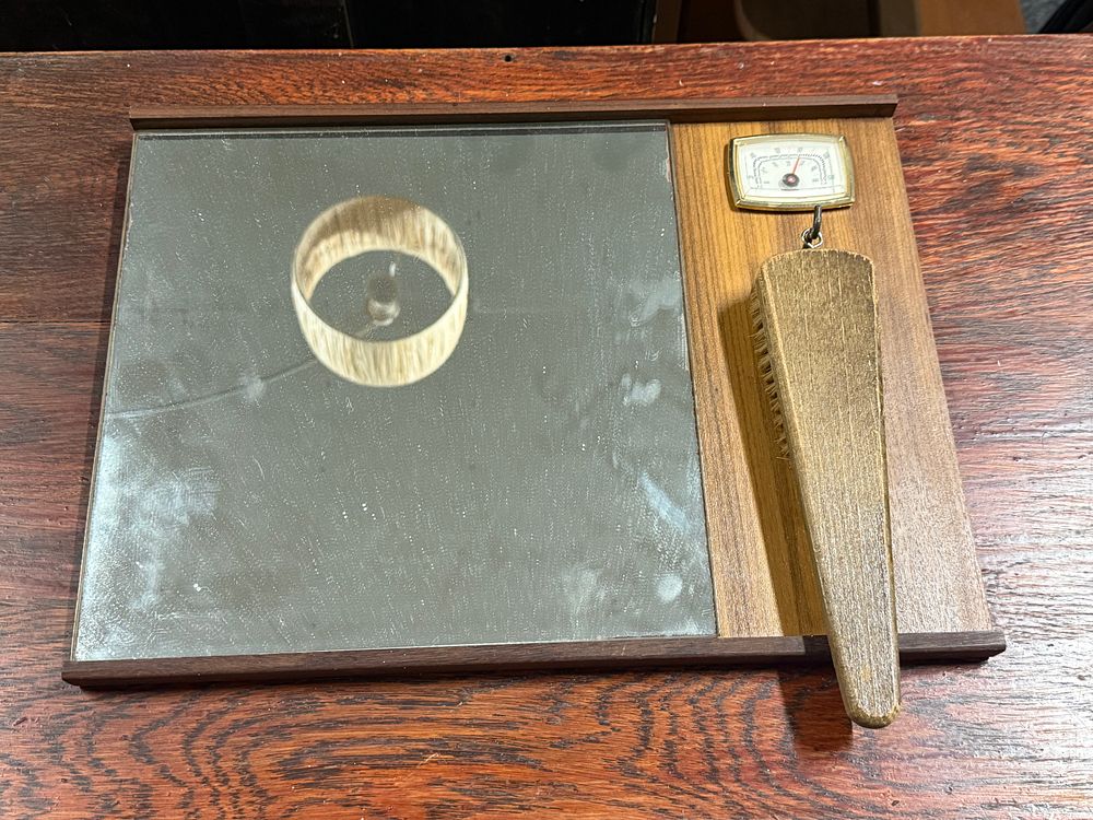 Lot 192: A Mid-Century Modern Dressing Mirror with Thermometer and Brush