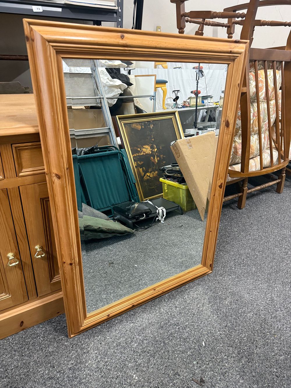 Lot 202: Large rectangular pine wall mirror with a moulded frame