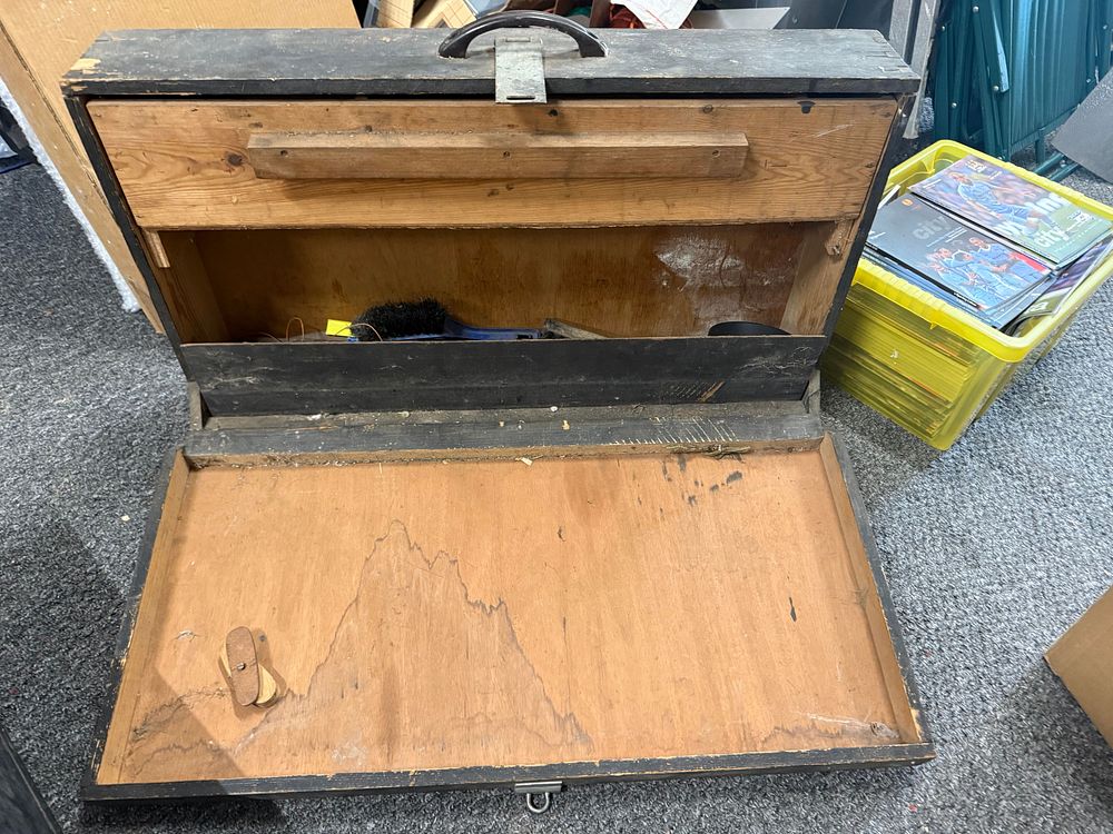 Lot 216: A vintage black painted wooden carpenter's tool chest