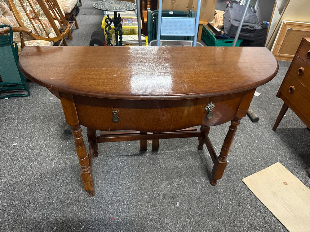 Lot 228: Early 20th century oak demi-lune drop-leaf gateleg table