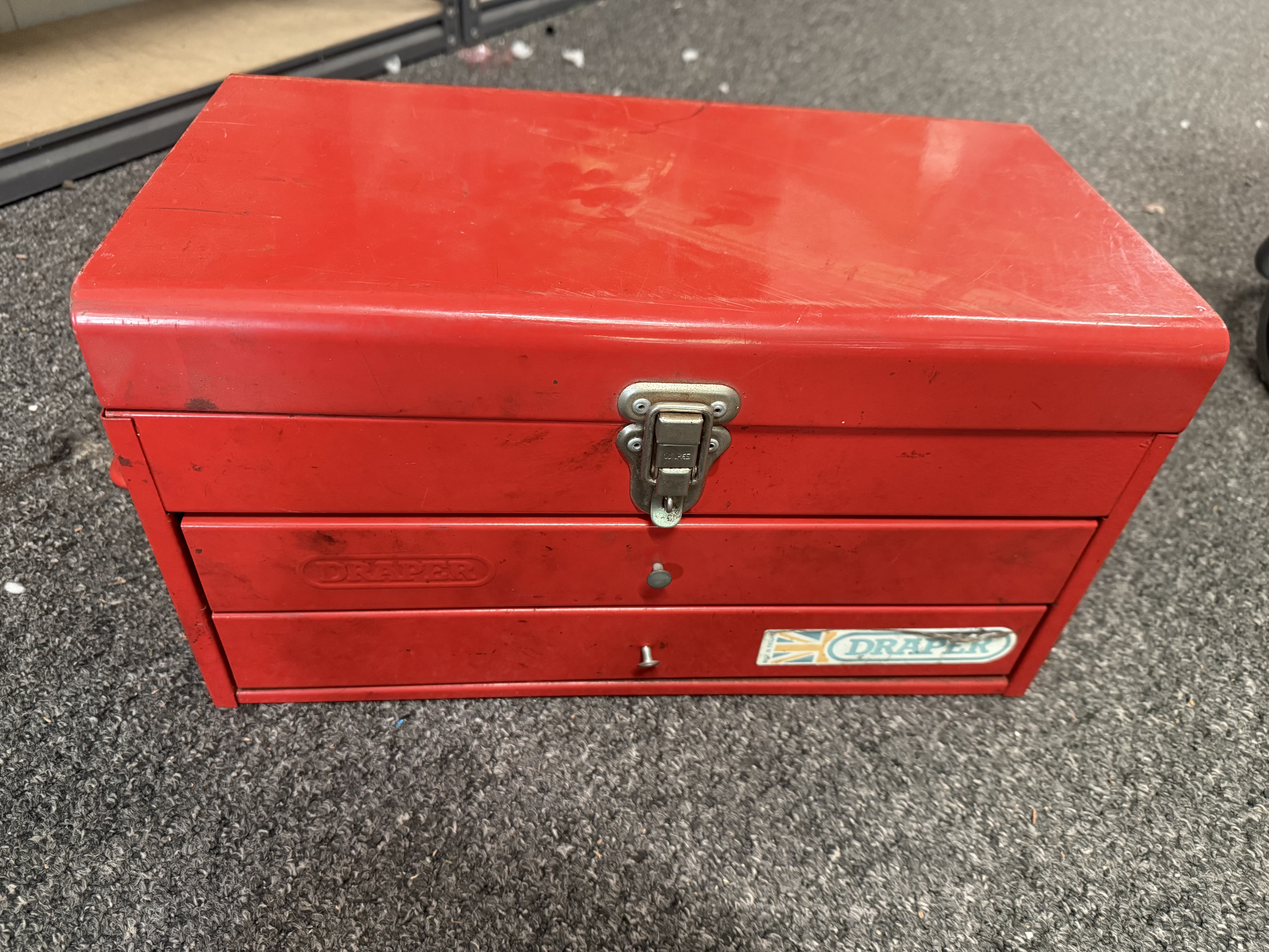 Vintage Draper red metal three drawer tool chest and tools