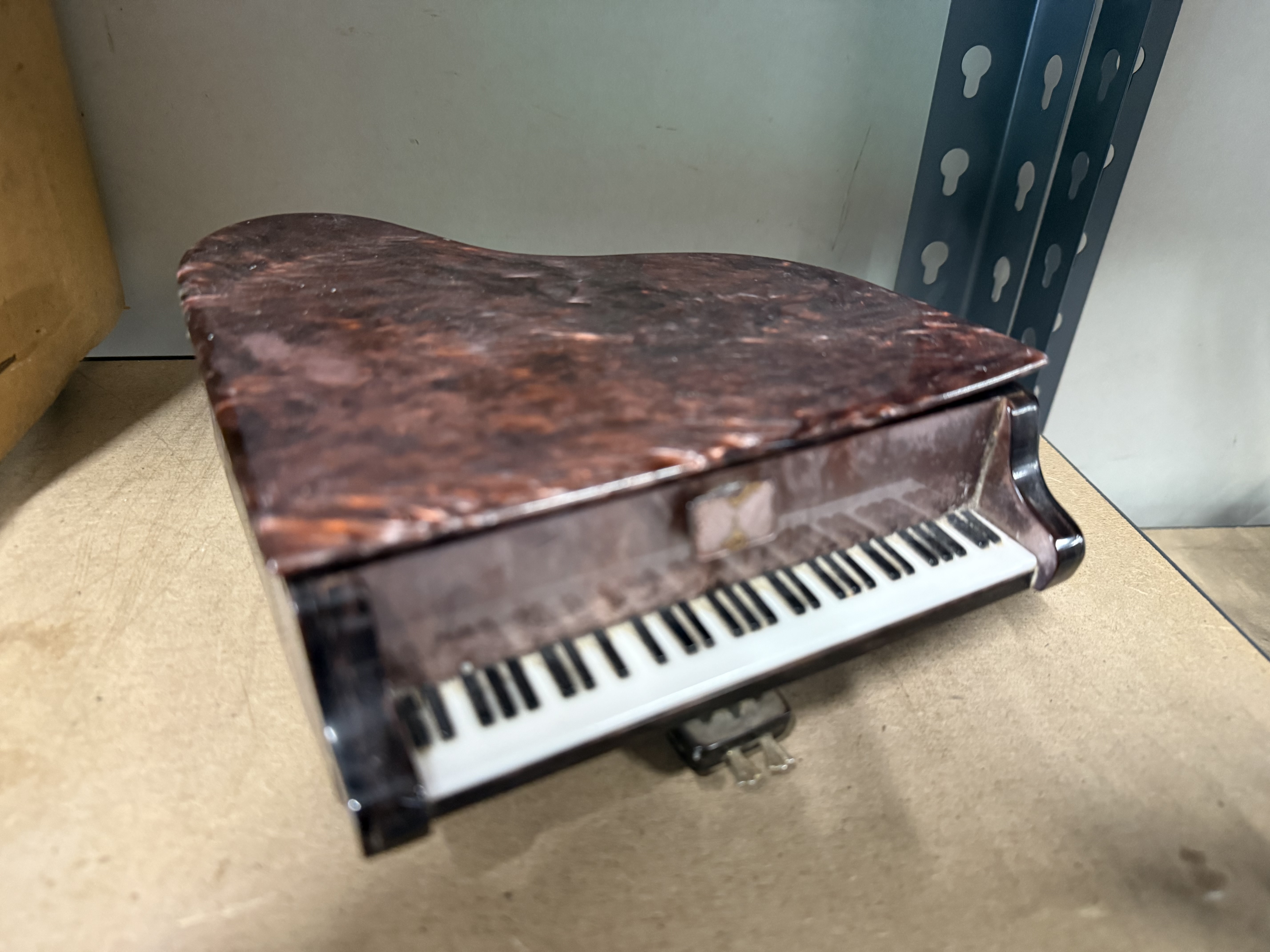 Vintage musical miniature grand piano trinket box in faux tortoiseshell