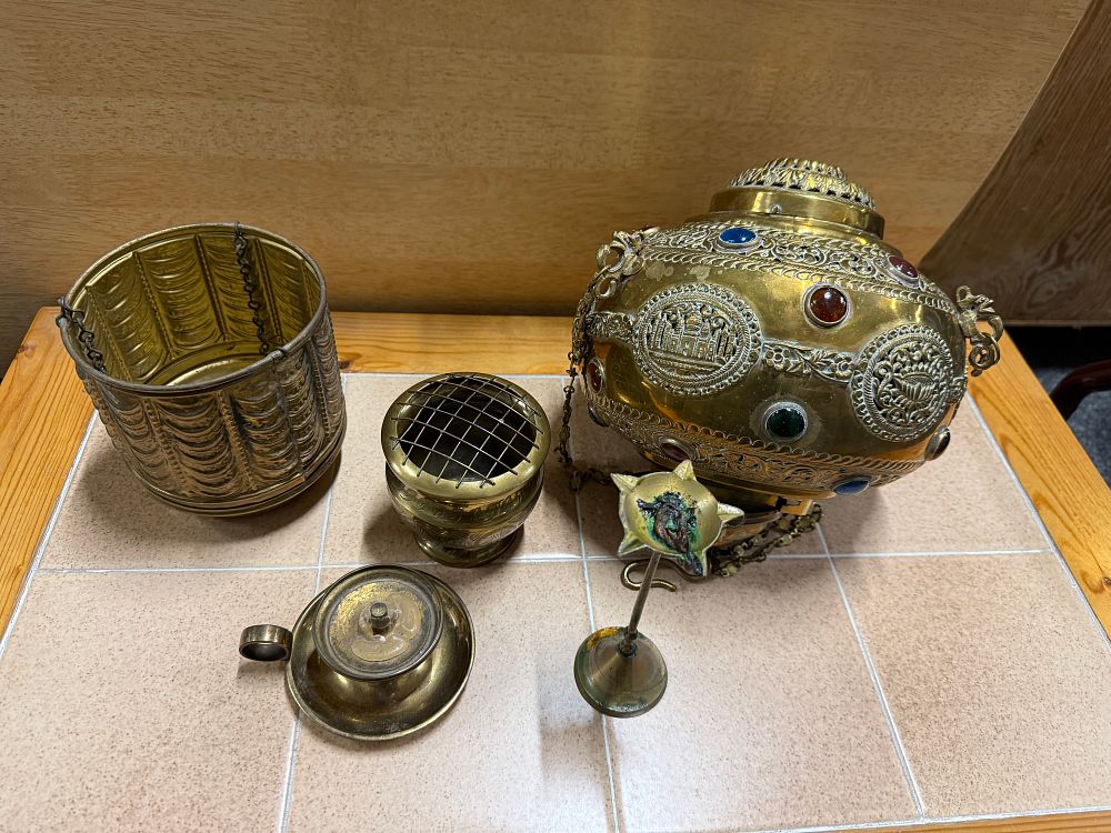 Lot 16: A five-piece Indian bejewelled and pierced brass items