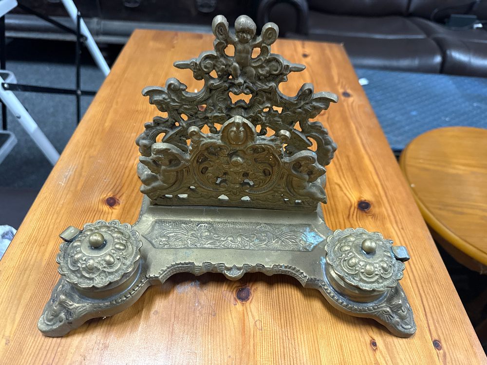 Lot 48: Victorian style cast brass twin-well inkstand with stationery rack