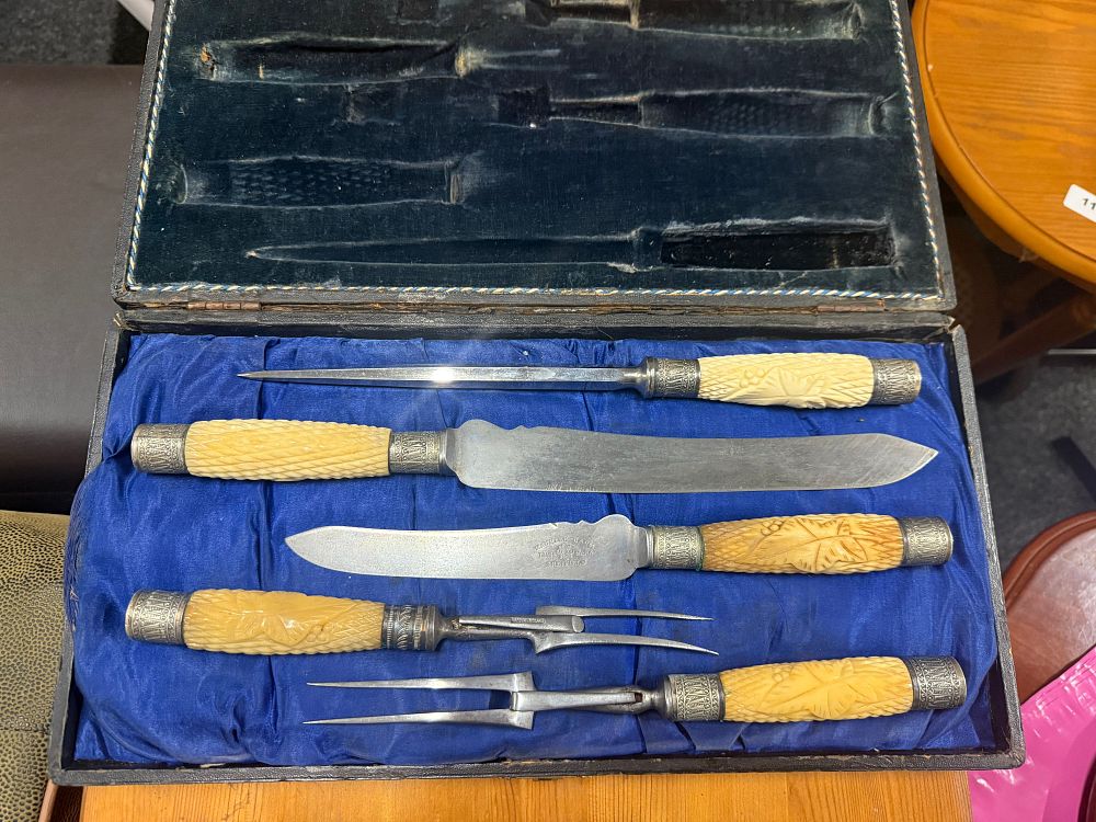 Lot 39: Victorian five-piece carving set by Harrison Bros & Howson