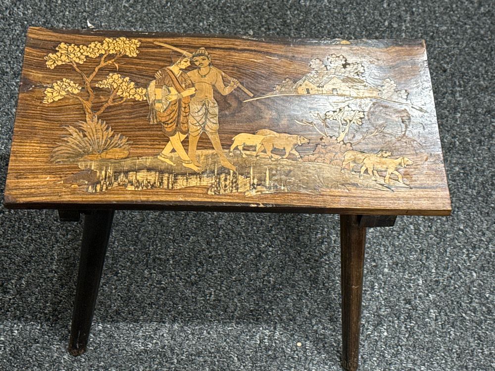 Lot 94: Vintage Anglo-Indian Wood Side Table with Pictorial Inlay