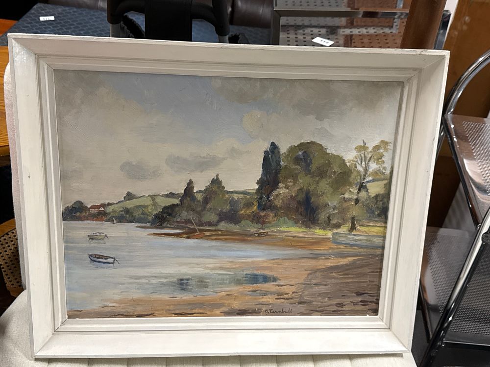 Lot 54: G. Turnbull, River Teign from Coombe Cellars, oil on board