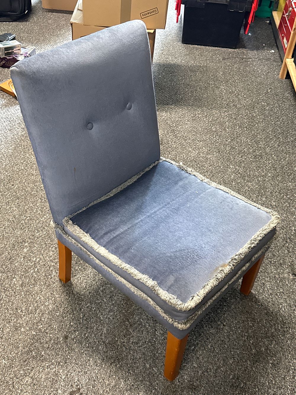 Lot 115: A mid-century tufted blue velvet slipper chair with fringe