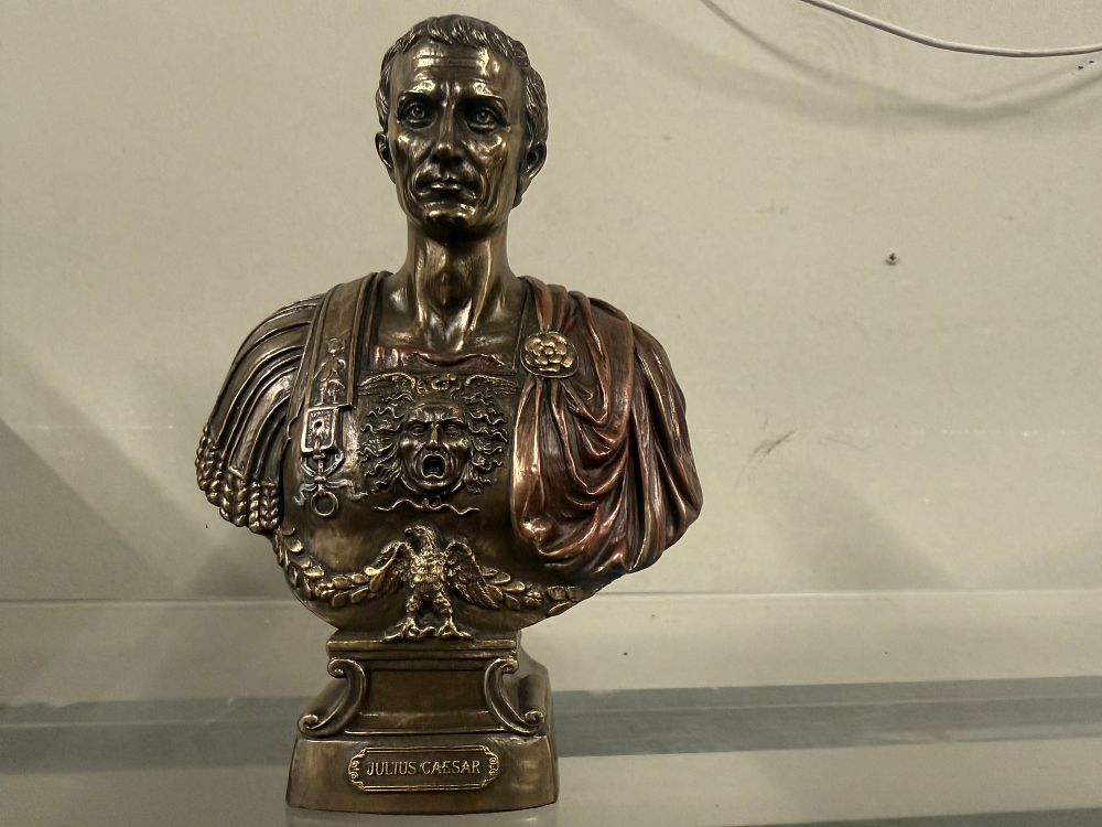 Lot 42: Decorative Metallic Resin Finished Portrait Bust of Julius Caesar on Pedestal Approx 7.5 inches tall