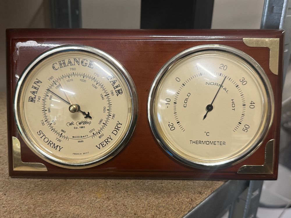 Lot 35: Wm. Widdop mahogany-finished desktop barometer and thermometer weather station
