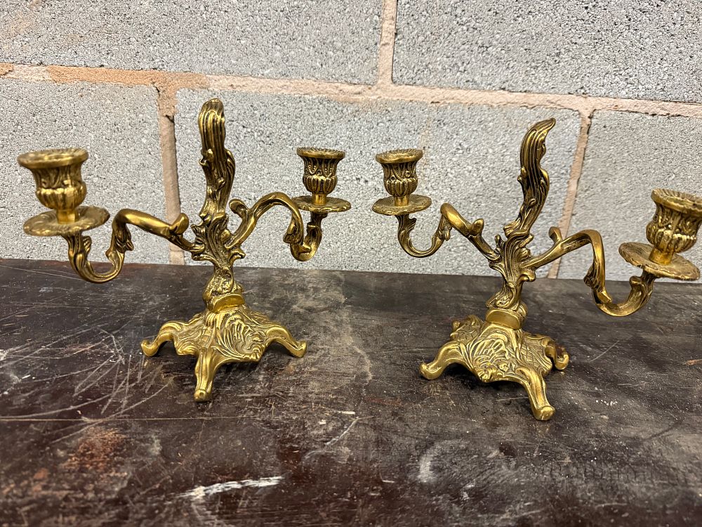 Lot 51: A Pair of Cast Brass Two-Light Rococo Revival Candelabra