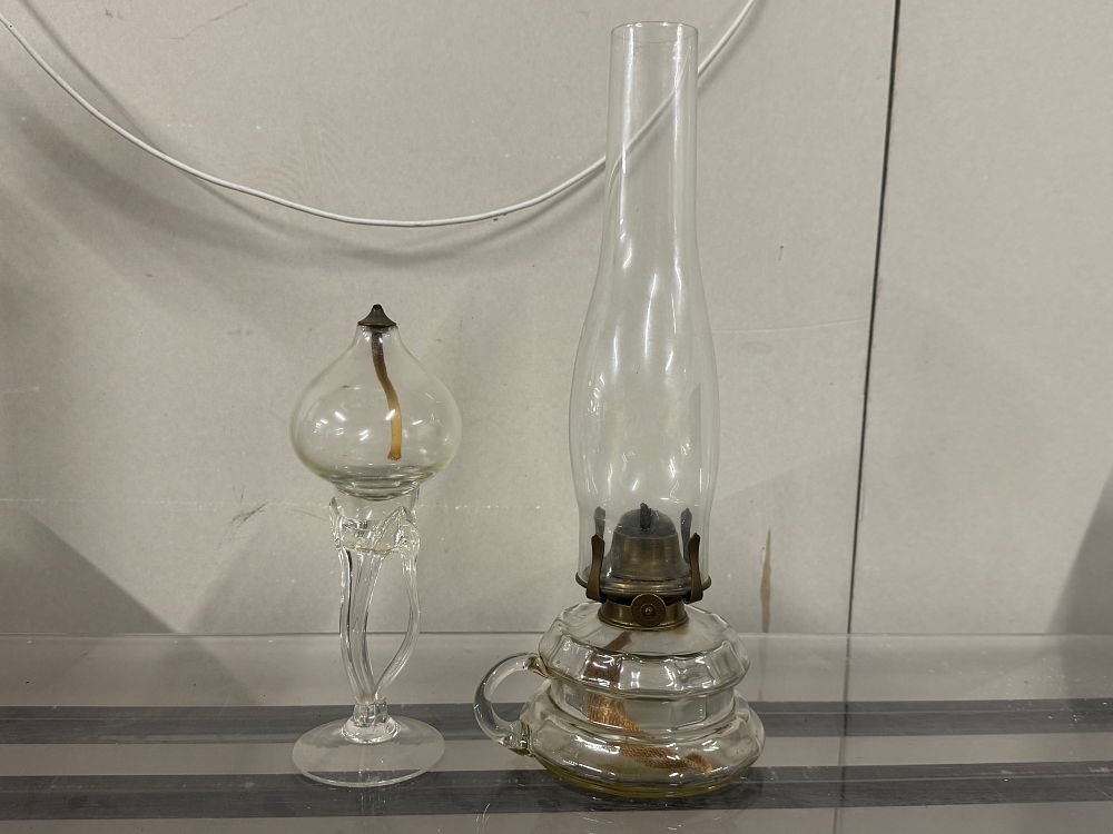 Lot 45: A pair of glass oil lamps including E. Miller burner