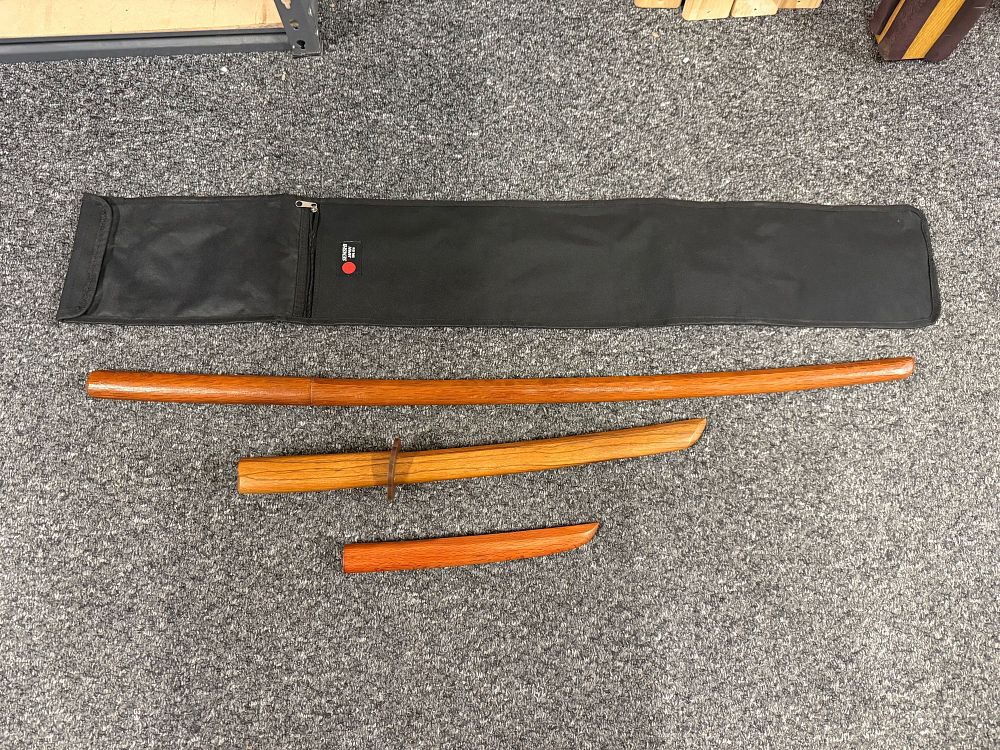 Lot 87: Three piece Senshi Japan wooden martial arts training sword set