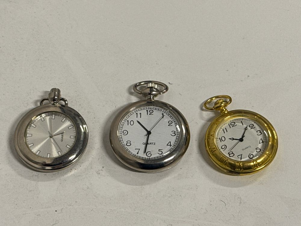 Lot 101: Three modern open-faced quartz pocket watches in mixed finishes