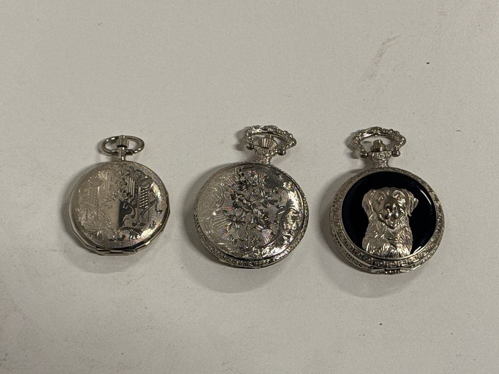 Lot 102: A Trio of Modern Silver-Tone Quartz Hunter Case Pocket Watches