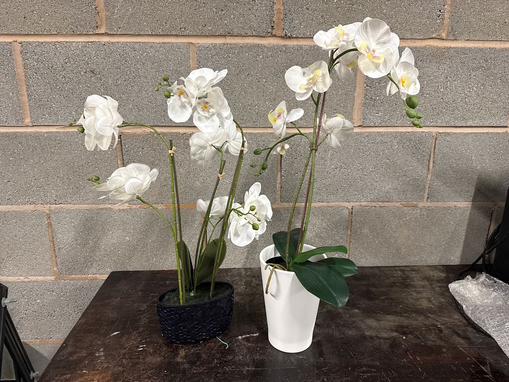 Lot 123: Two Artificial White Phalaenopsis Orchid Arrangements in Decorative Pots