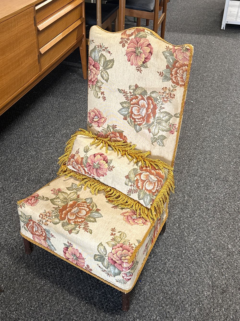 Lot 144: Mid-century floral tapestry upholstered boudoir chair with matching cushion