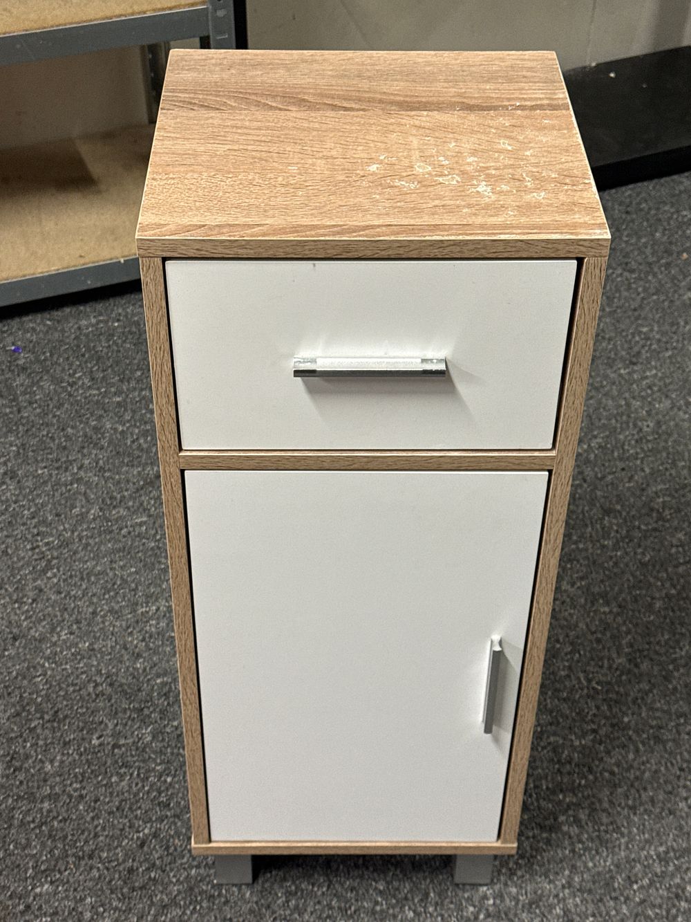 Lot 149: Modern two-tone oak effect and white storage cabinet with drawer