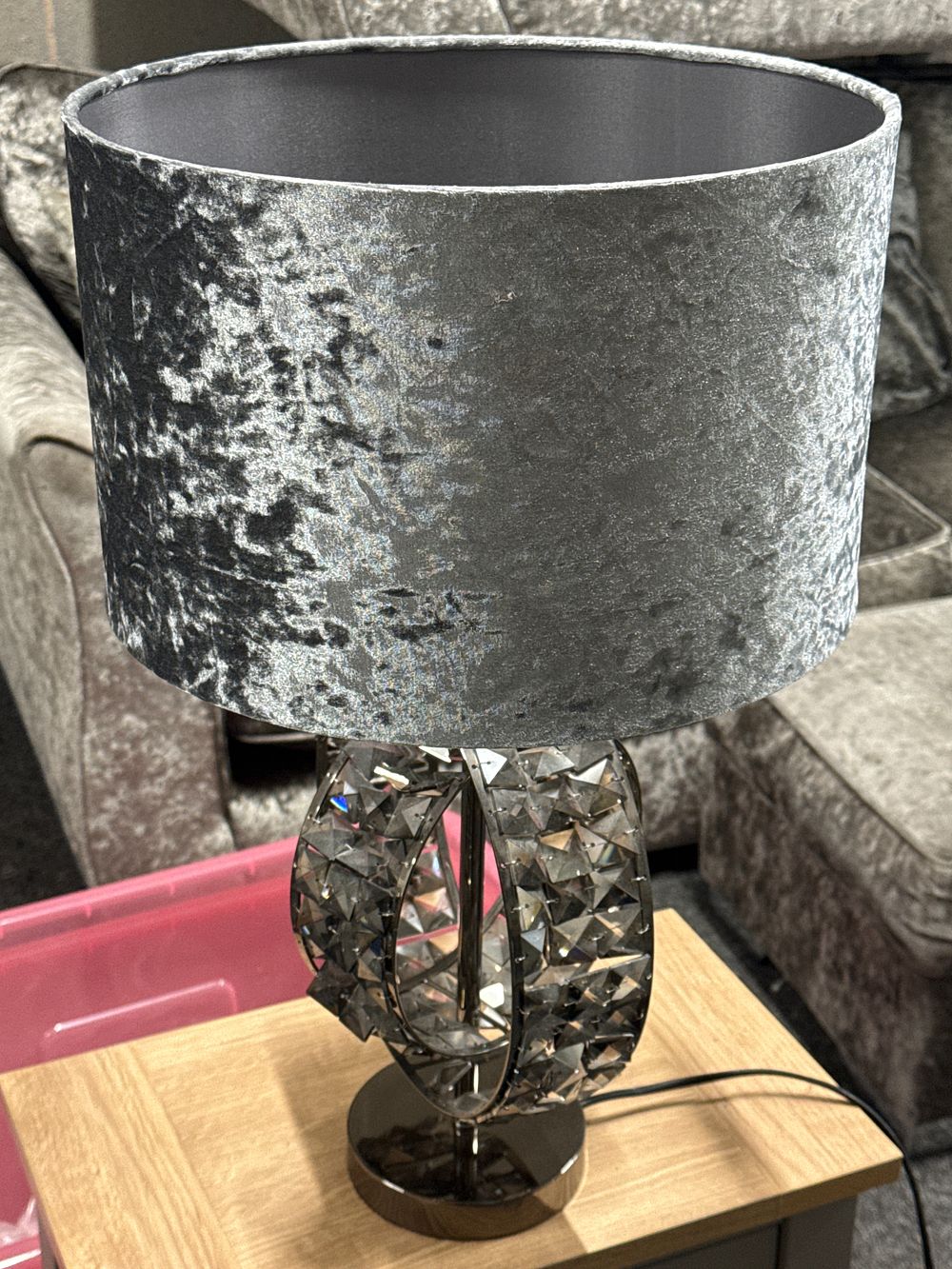 Lot 153: A contemporary table lamp with a grey crushed velvet shade
