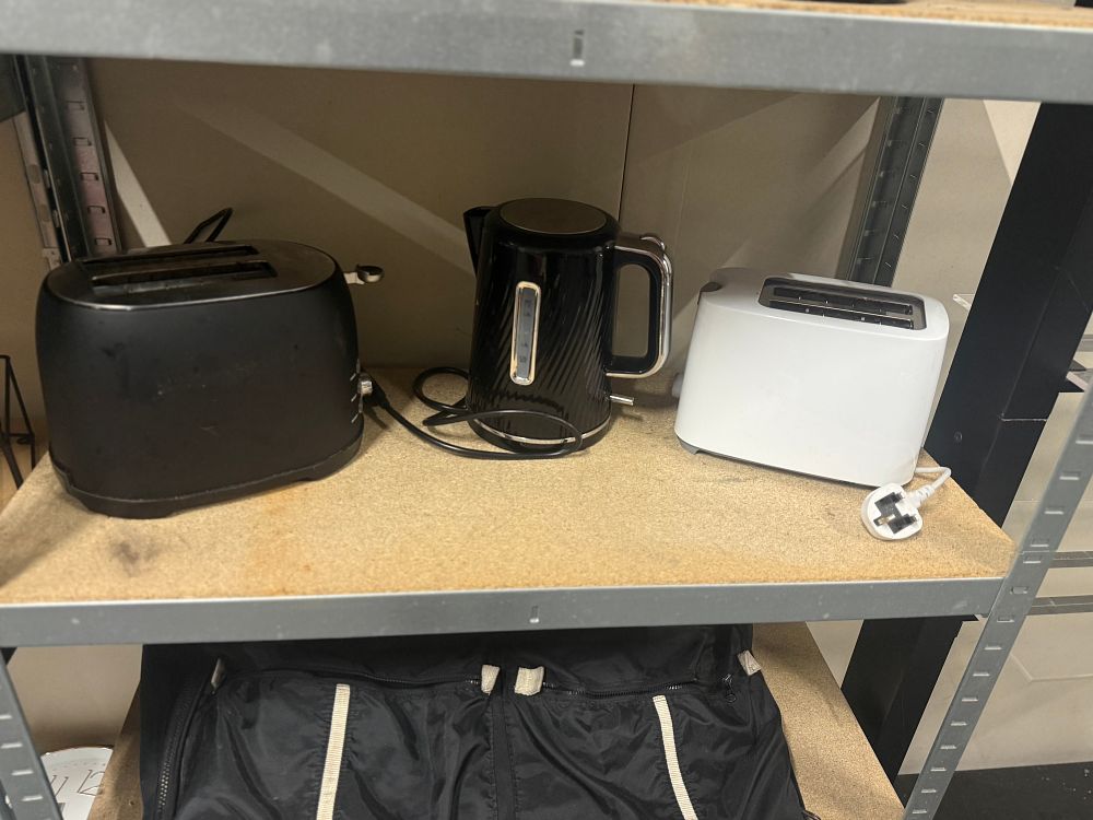 Lot 163: A Trio of Kitchen Appliances with Two Toasters and a Kettle