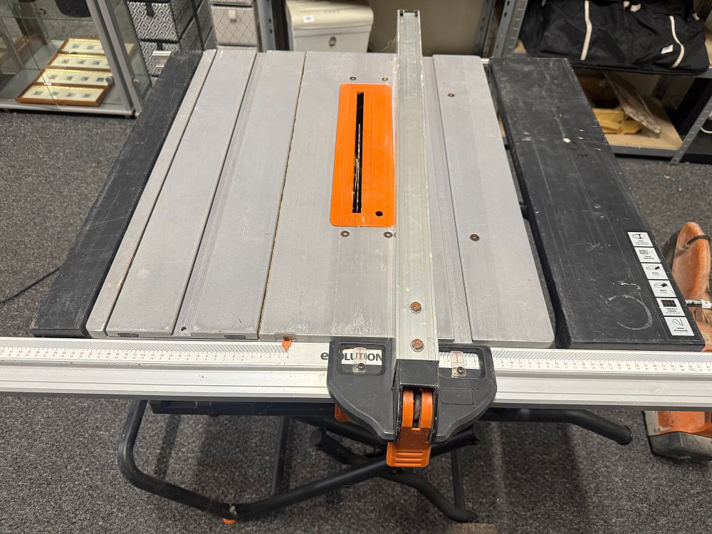Lot 177: Working Evolution RAGE5-S portable multipurpose table saw with wheeled stand