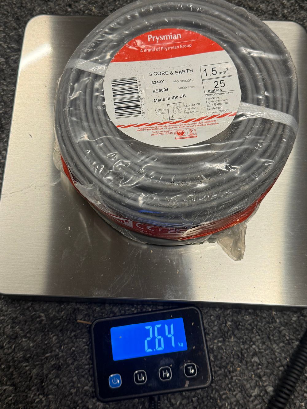 Lot 195: Prysmian 1.5mm² 3-core and earth electrical cable, 25 metres