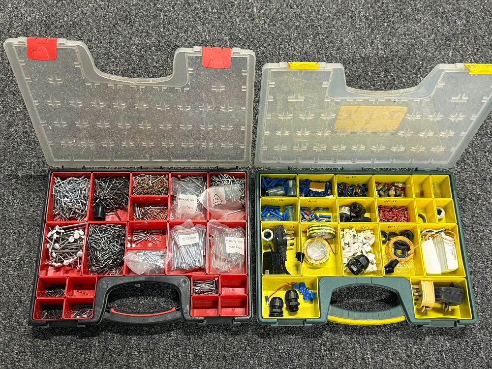 Lot 243: Two portable organisers with assorted hardware and electrical components