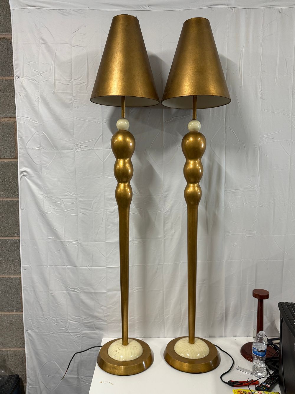 Lot 276: A Pair of Leezanne inspired Gilt Metal Mid-Century Modern Style Floor Lamps