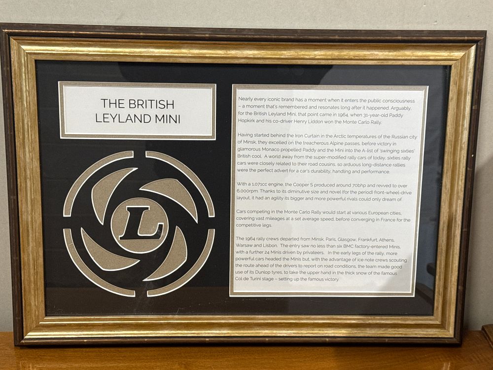 Lot 72a: British Leyland Mini 1964 Monte Carlo Rally Framed Tribute Plaque