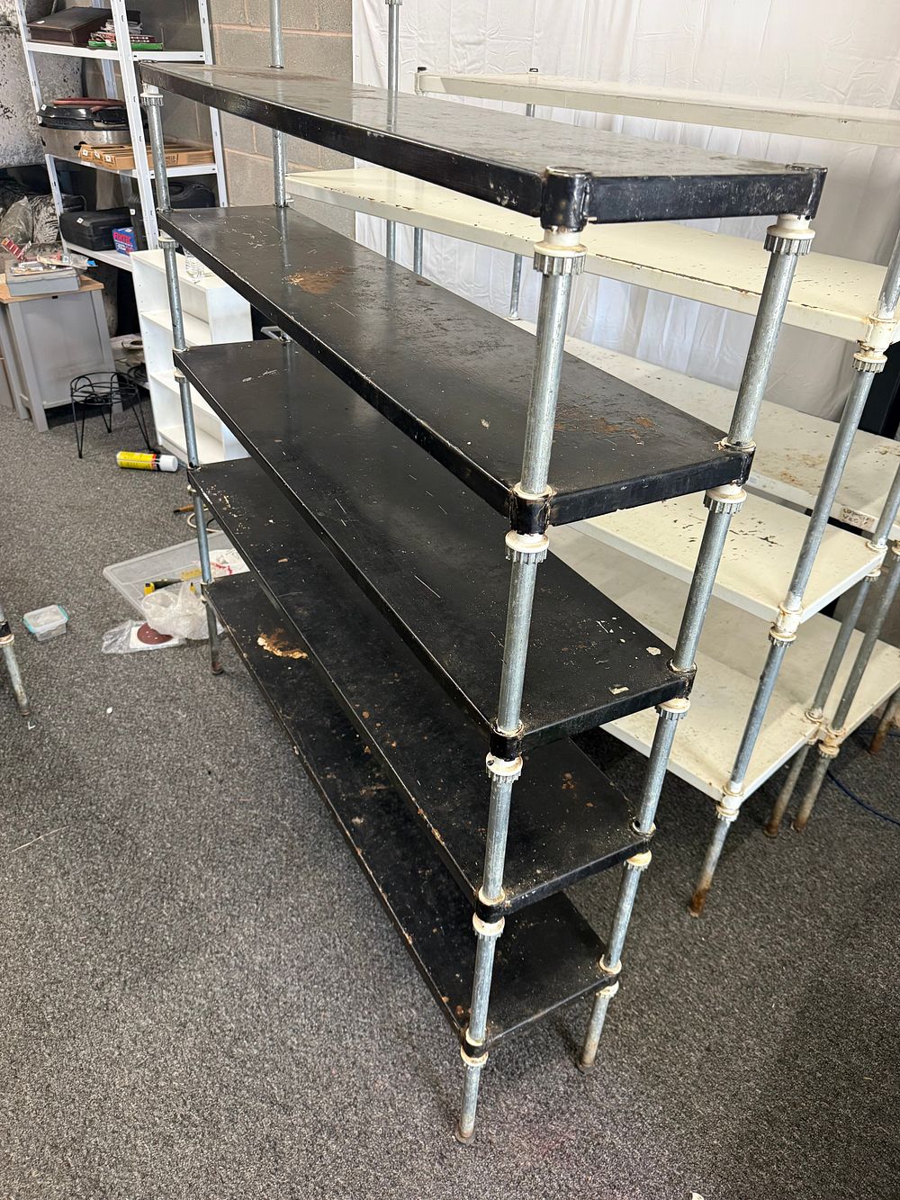 Lot 287: industrial metal modular shelving adjustable tiers 60 x 60 x 12” approx