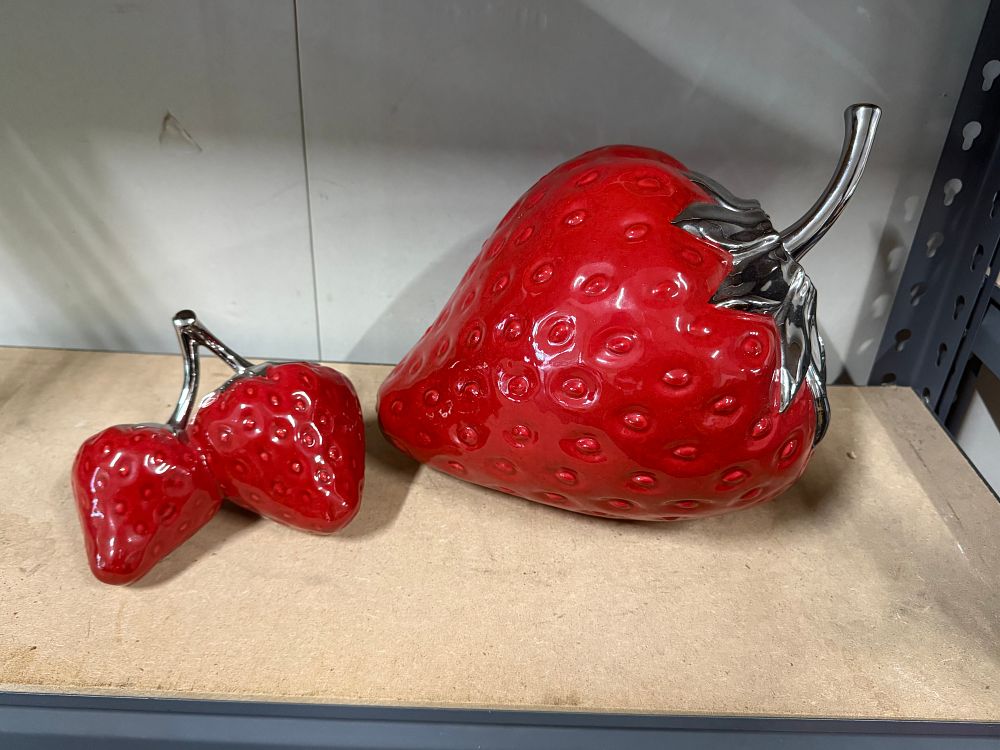 Lot 33: A pair of glazed ceramic and metallic strawberry ornaments extra LARGE.