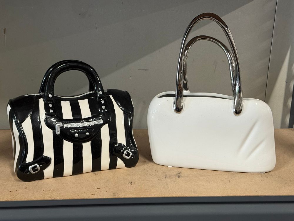 Lot 36: Two decorative ceramic handbag-form vases with high-gloss glaze