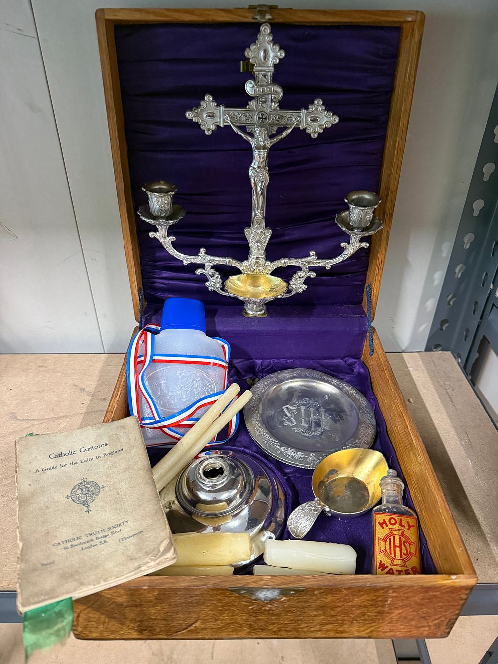 Lot 64: A vintage Catholic oak-cased sick call travel set