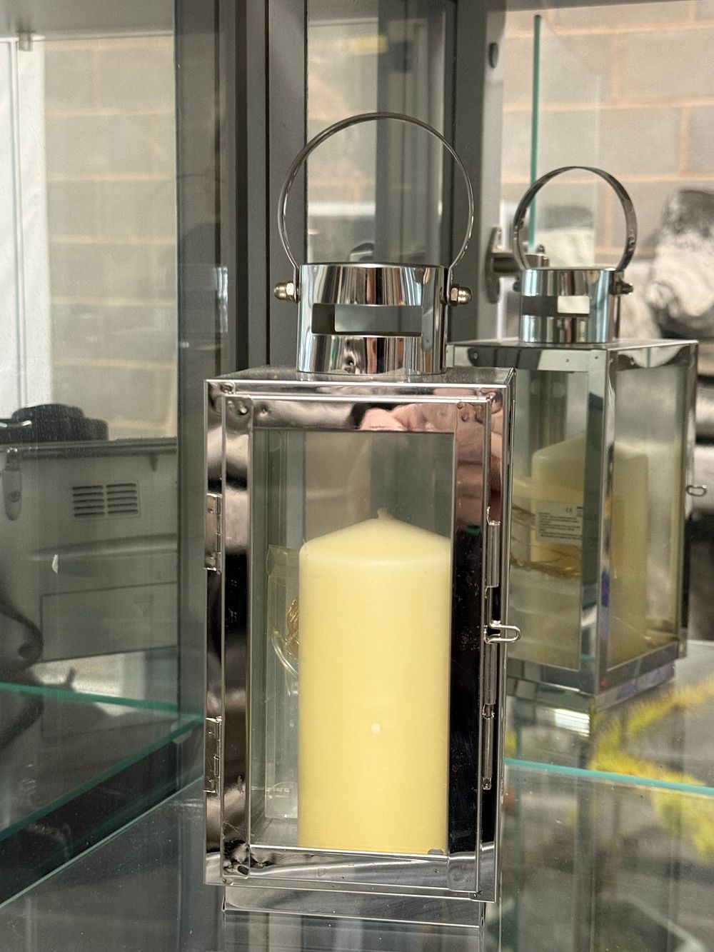 Lot 143: A Pair of Contemporary Polished Chrome and Glass Lanterns