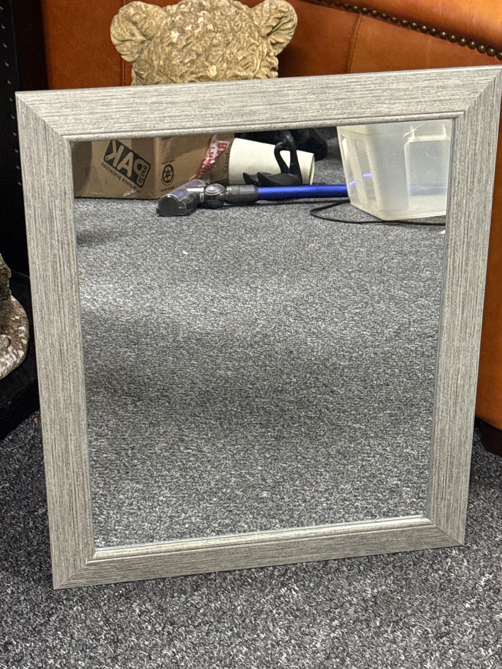 Lot 206: A contemporary rectangular wall mirror with grey wood effect frame
