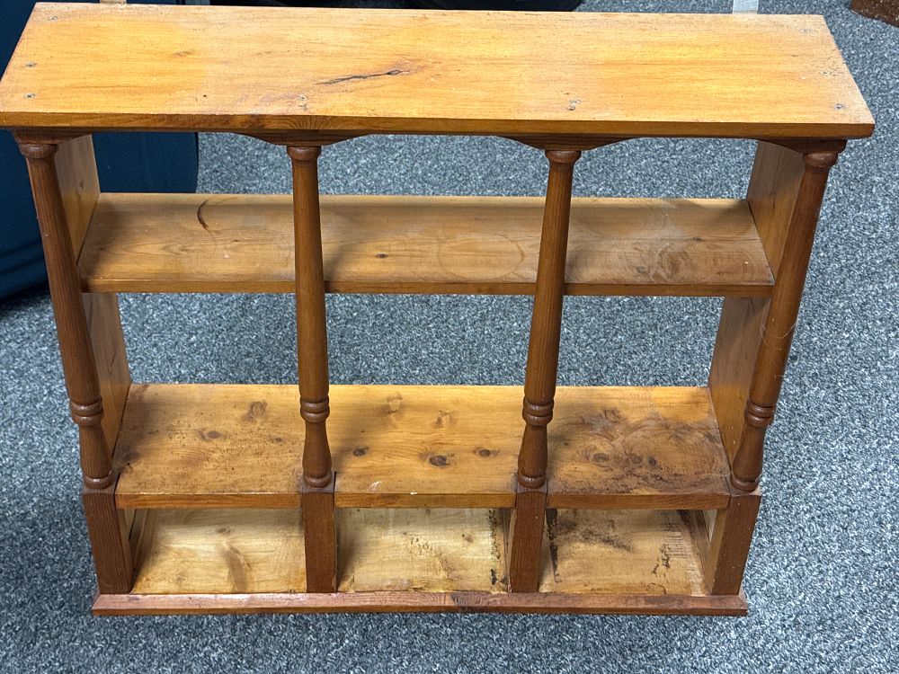 Lot 222: A rustic tiered solid pine magazine rack or storage shelf