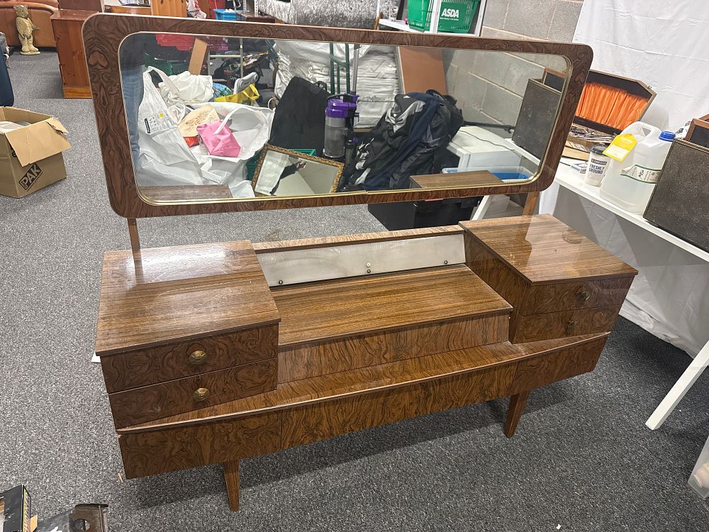 Lot 235: A mid-century modern walnut effect dressing table with landscape mirror