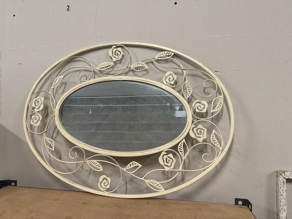 Lot 158: Vintage Wrought Metal Oval Wall Mirror with Rose Trellis Detail