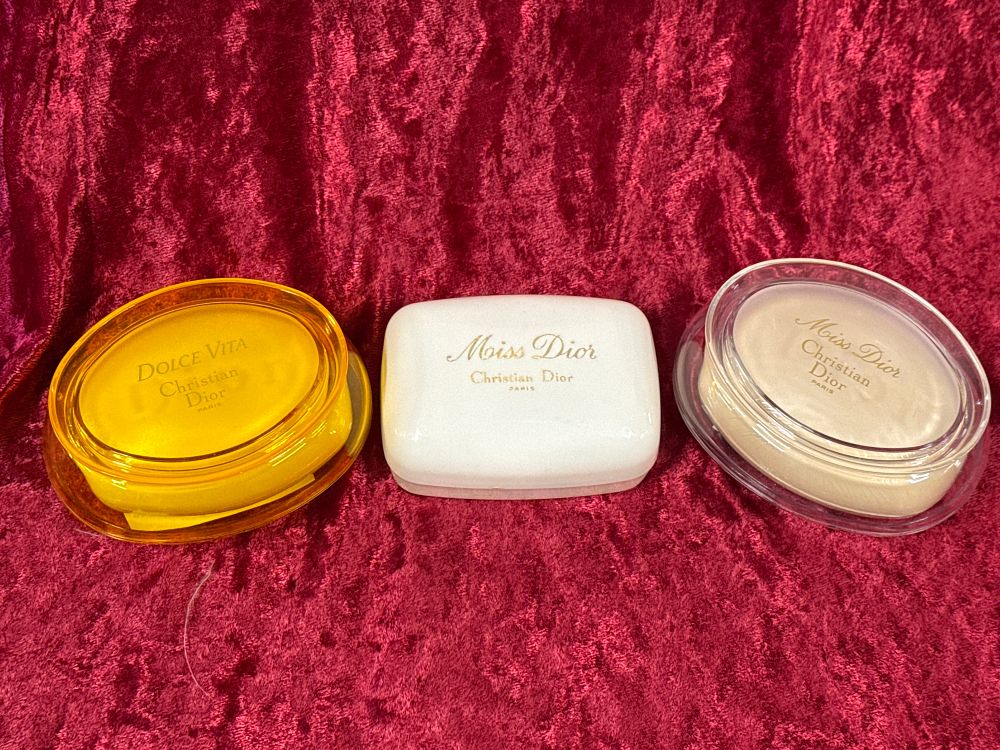 Lot 195: Three Christian Dior vintage perfumed soap bars in decorative cases