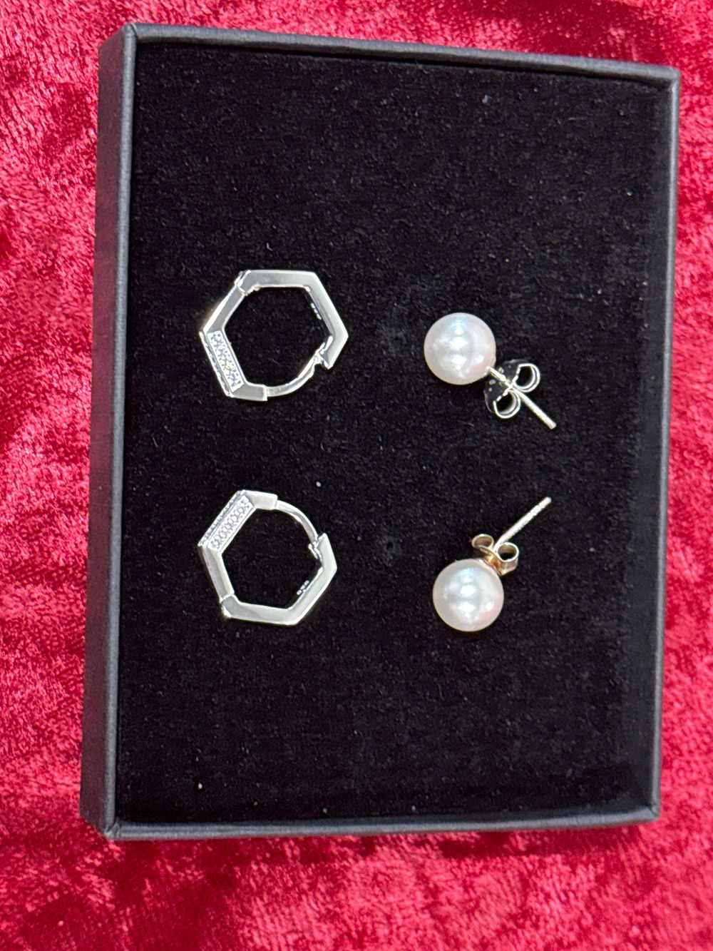 Lot 207: A Pair of Sterling Silver Pearl Studs and Hexagonal Hoops