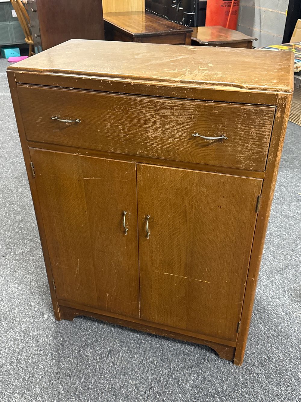 Lot 230: Mid-century oak utility style compactum cupboard and drawers