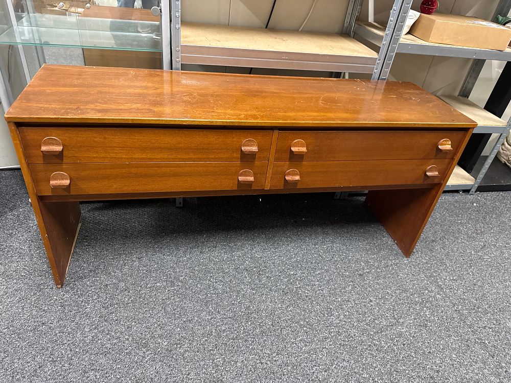Lot 232: Mid-century modern teak long-john sideboard with sculpted handles