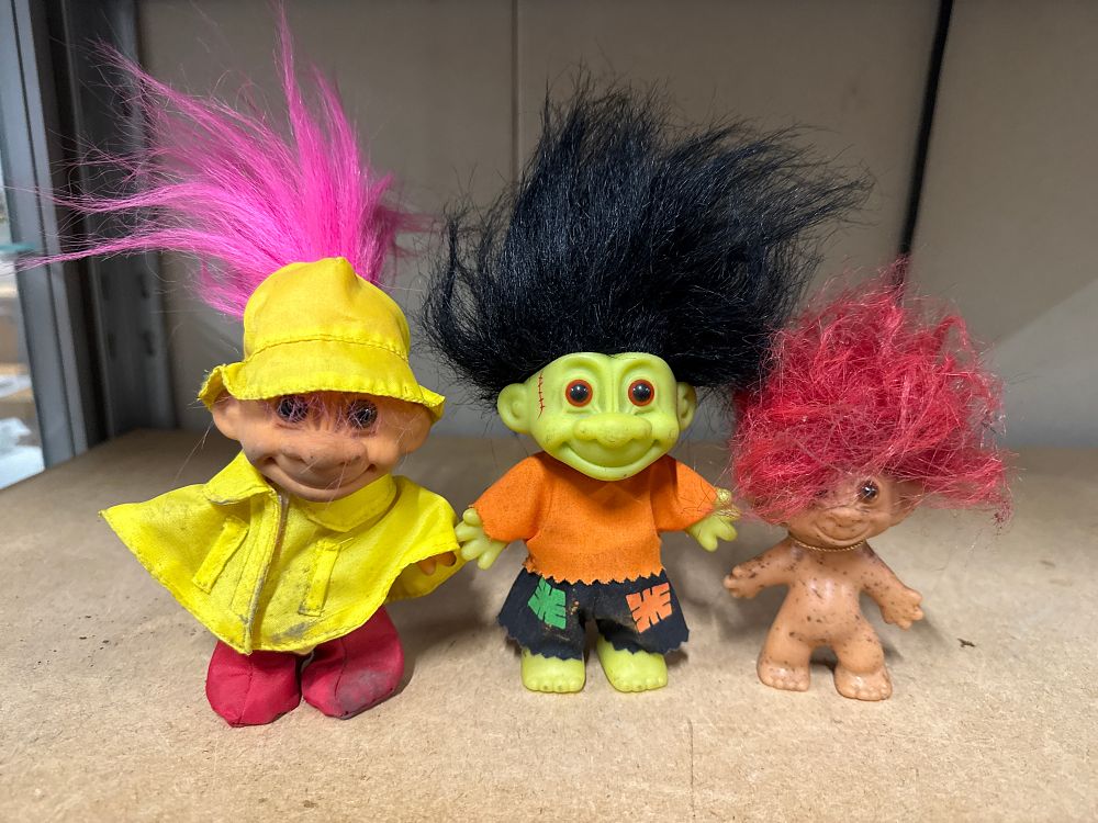 Lot 265: Three vintage troll dolls including Frankenstein monster and rainwear outfit