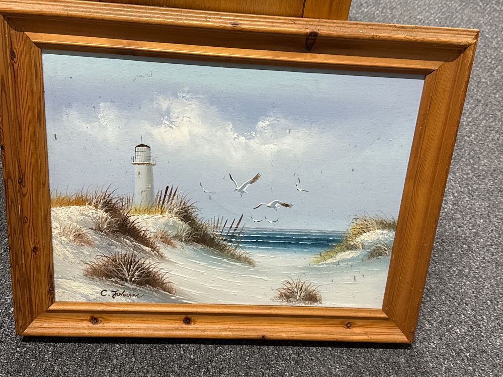 Lot 267: C. Johnson Seascape Oil Painting of a Coastal Lighthouse